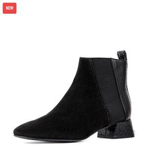 Suede Chelsea Booties Block Heel Square Toe Memory Foam Insole